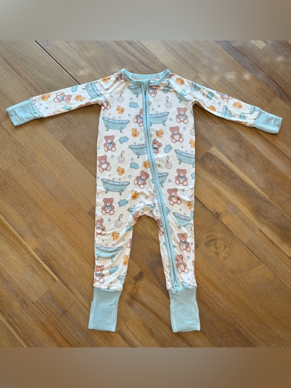 Caden Lane Bear & Bathtub Zip One-Piece in Light Blue and Tan
